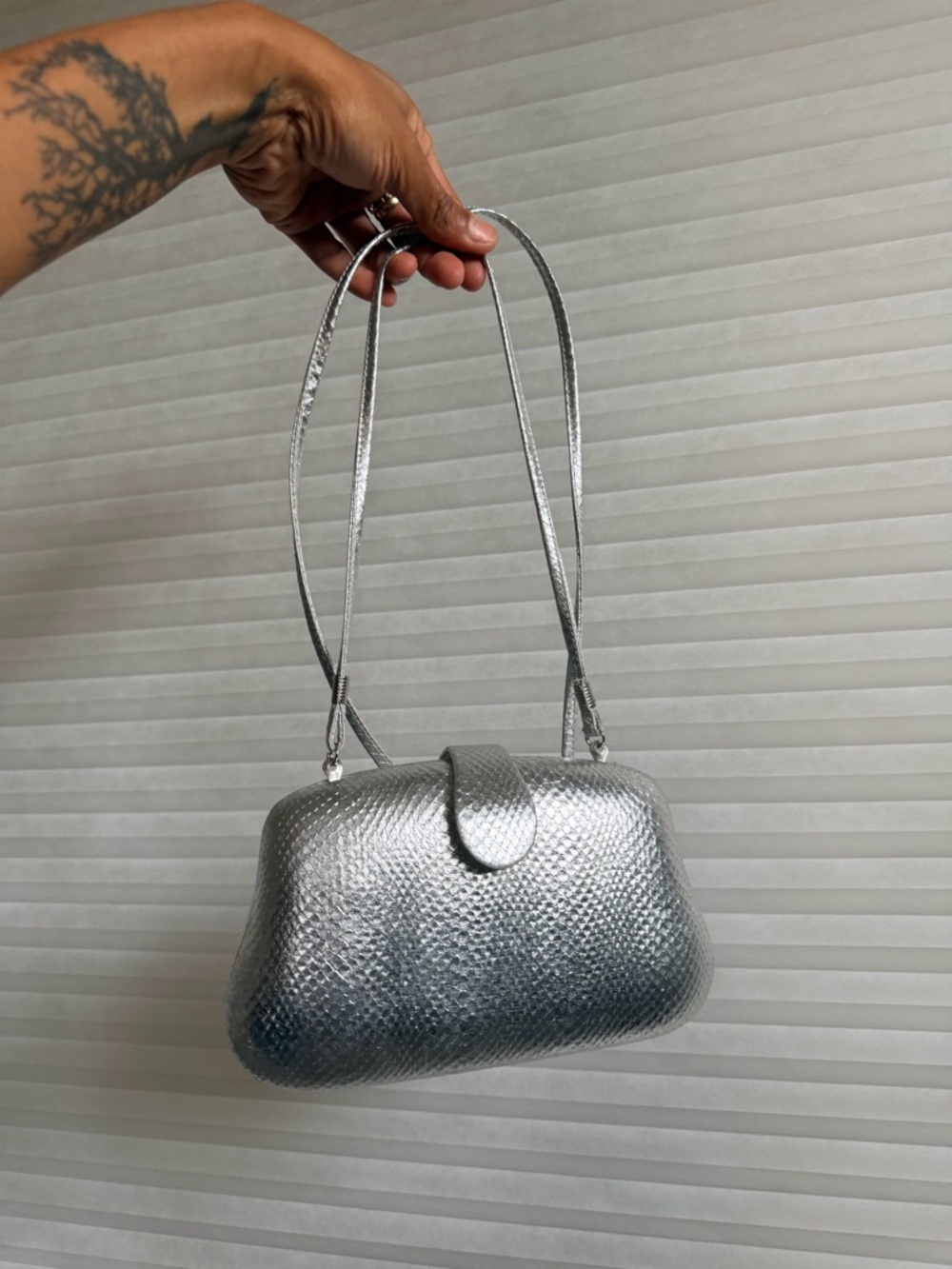 Vintage Style Metallic Silver Structured Clutch Retro Inspired Statement Bag